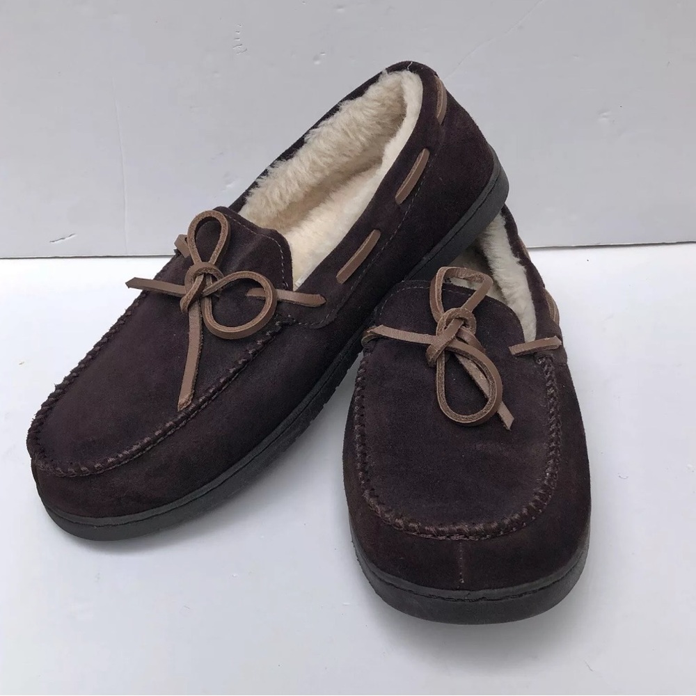 DEARFOAMS MEN'S GEN SUEDE MOC WITH TIE SLIPPERS MOCCASIN SIZE 10 CJ14